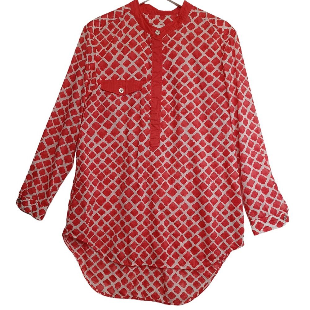 COACH Orange White Geometric Print Tunic Shirt Top Mandarin Collar Pocket Size M